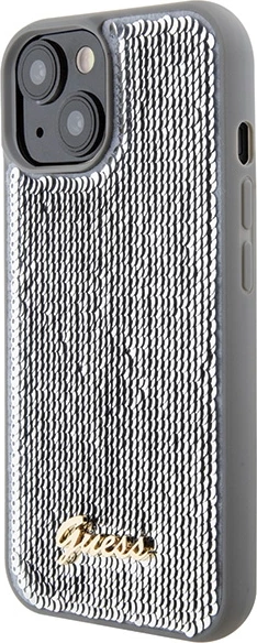 Mbështjellës Guess Sequin Script Metal për iPhone 15, argjend