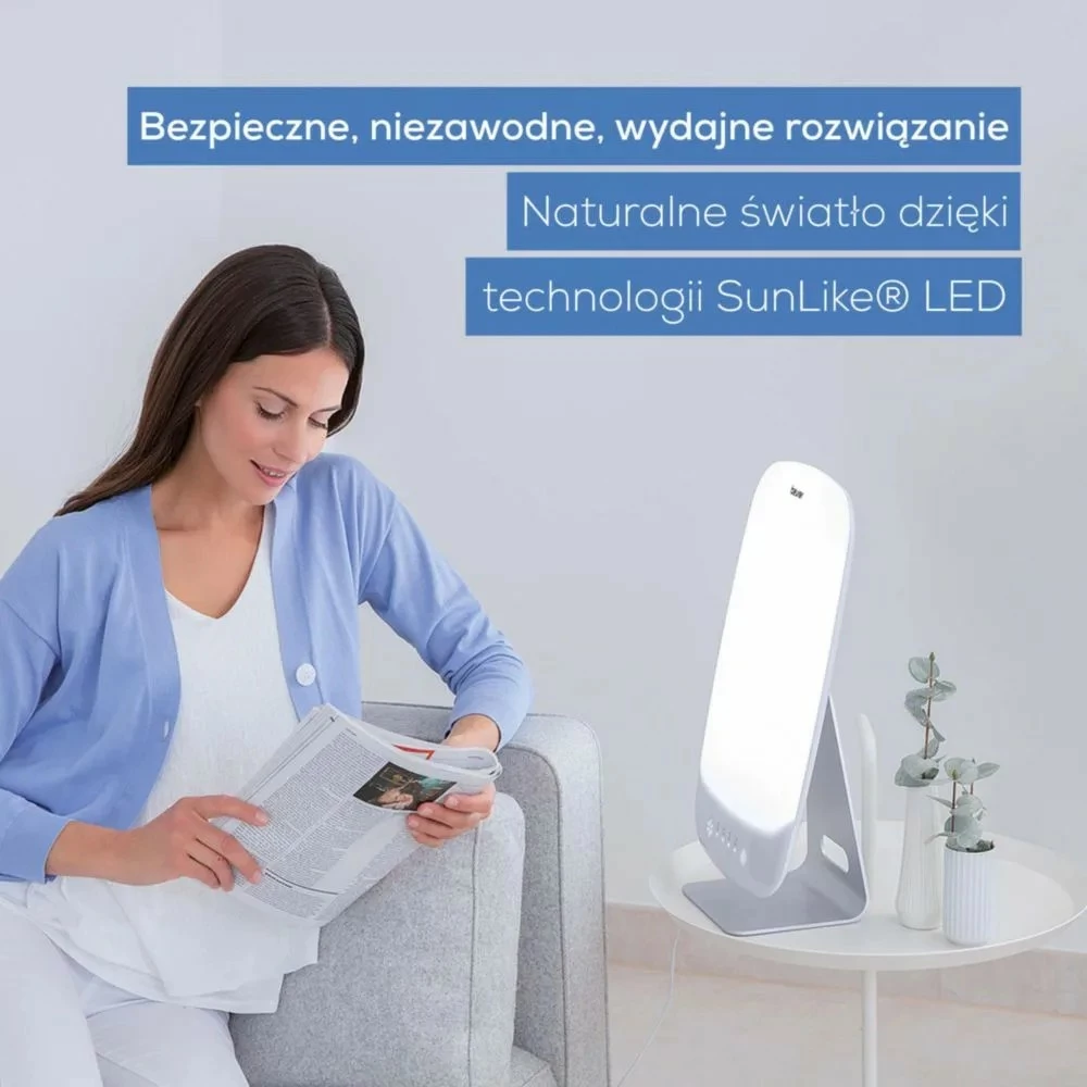 lampë dite, Beurer TL95, LED 10000 lux, sipërfaqe 30×37 cm, timer 30/60/90/120 min, e bardhë/argjendtë