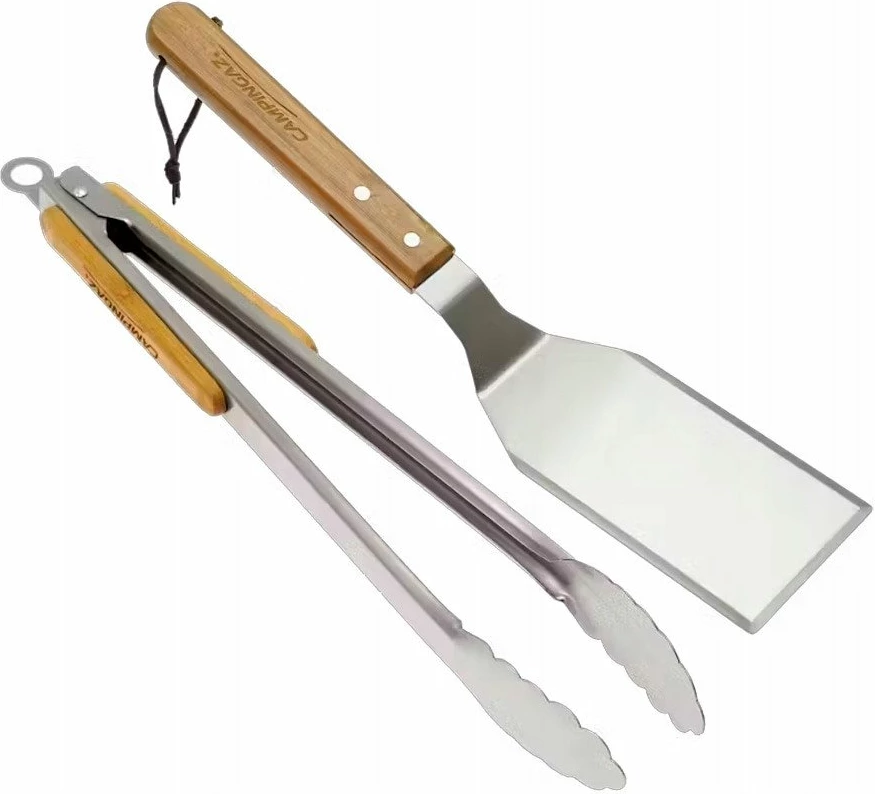 Set veglash për grill Campingaz Utensil Duo, shpatull plancha 36×8 cm + pincë, inox me doreza bambu, 2 copë