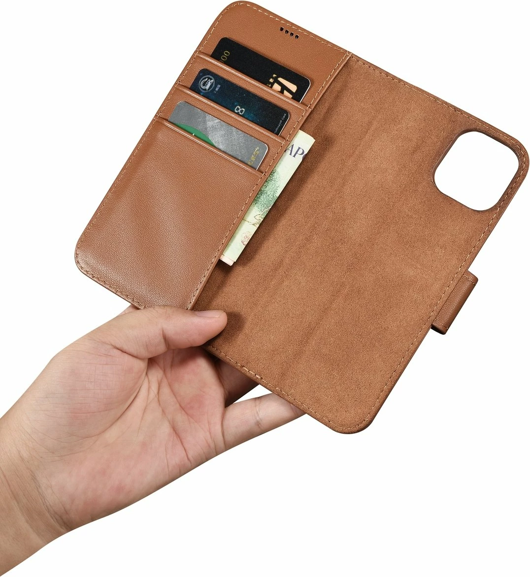 Mbështjellës iCarer Wallet Case 2in1 për iPhone 14, lëkurë, Anti-RFID, Kafe