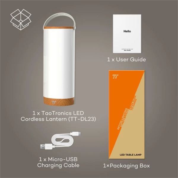 Lampë LED portative TaoTronics TT-DL23 4000mAh 300lm 360° 4000–4500K, bardhë/finisazh dru, set me kabllo Micro-USB