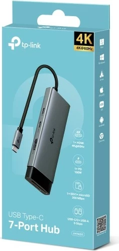 USB hub TP-Link UH7020C, 7 porte, HDMI, USB 3.2, Type-C, lexues kartelash, argjend