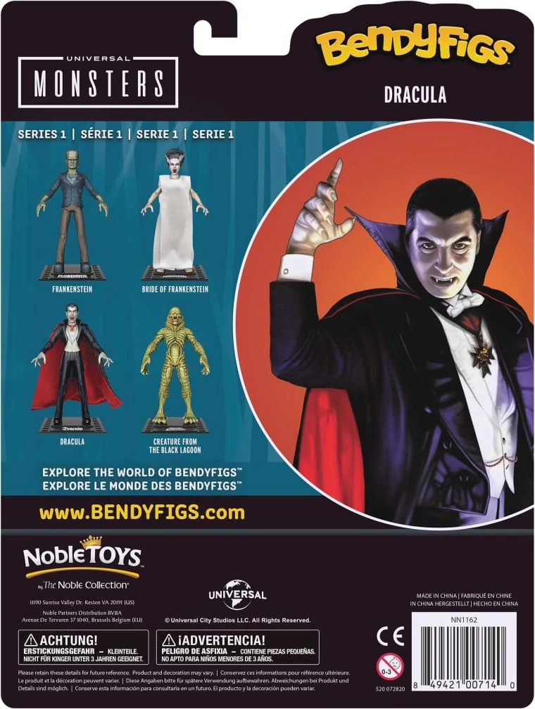 Figurinë Noble Collection Bendyfigs Universal Monsters Dracula 19 cm me pelerinë dhe stand, e zezë/kuqe