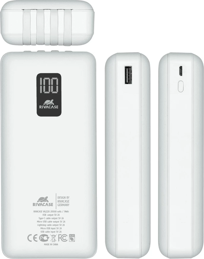 Powerbank RIVACASE VA2220 20000mAh 10W me ekran LCD, 4 kabllo (MicroUSB, Type-C, Lightning, USB-A), i bardhë
