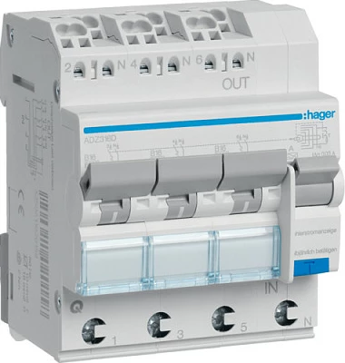 Ndërprerës diferencial Hager ADZ316D, 16A, 30mA, Tip A, 230V, 3F 3P+N, gri