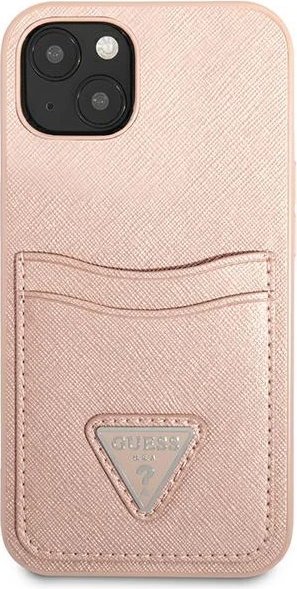 Mbështjellës Guess GUHCP13MPSATPP për iPhone 13, hardcase, Saffiano Triangle, me hapësirë për kartela, rozë