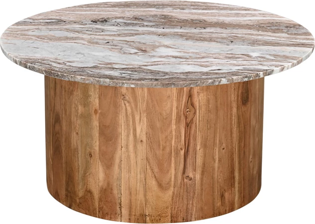 Tavolinë kafeje Sergy, dru akacie i fortë, ngjyrë natyrale, sipërfaqe mermeri, D70x35cm