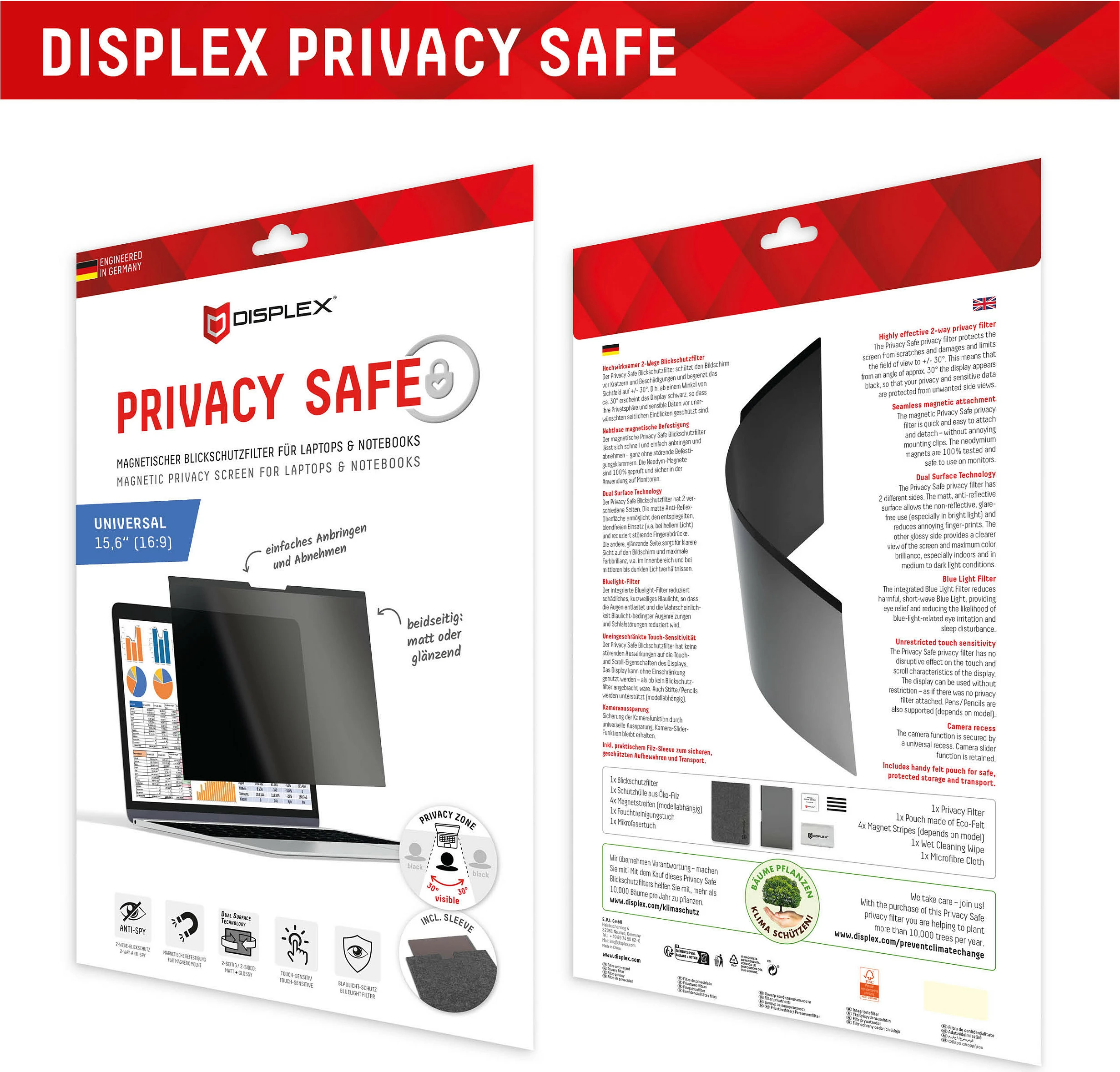 Filter privatësie magnetik për laptop Displex Privacy Safe, 15.6" (16:9), 2-anësh matt/shkëlqyes, me filtër dritë blu, zi