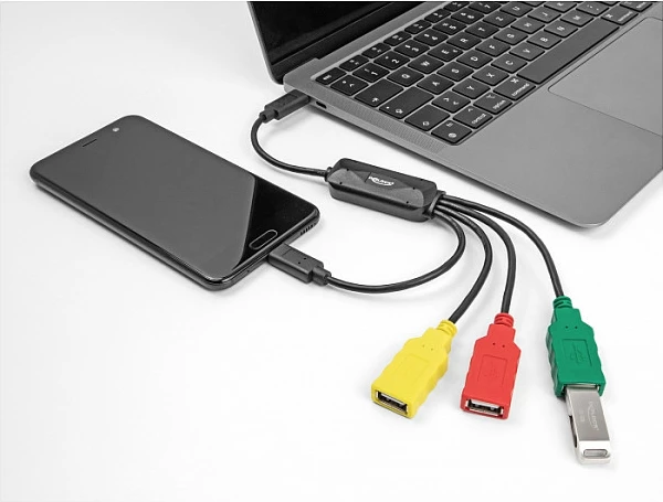 USB hub kabllor DeLOCK 4-Port, USB-C në 3x USB-A + 1x USB-C, 0.3m, shumëngjyrësh