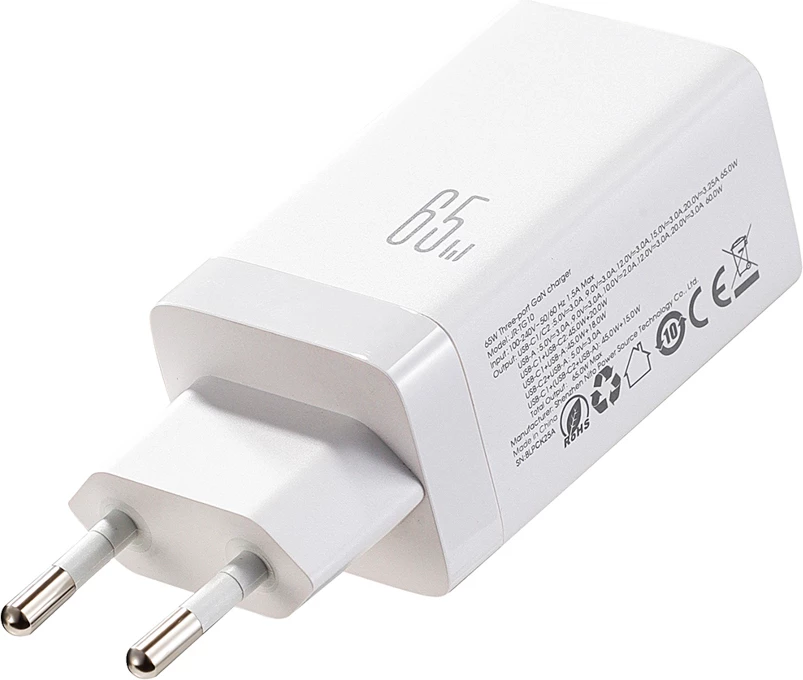 Karikues muri Joyroom JR-TG10 65W GaN, 2x USB-C + USB-A, me kabllo USB-C në USB-C 1.2m 100W, i bardhë