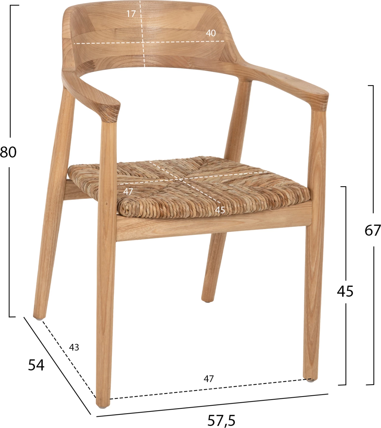 Karrige me krahë KINGSLEY, dru SUNGKAI dhe kashtë, ngjyrë natyrale, 57.5x54x80H cm