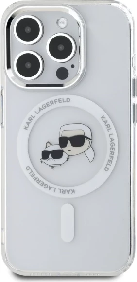 Mbështjellës Karl Lagerfeld IML Metal Karl&Choupette Head MagSafe për iPhone 15 Pro, Bardhë