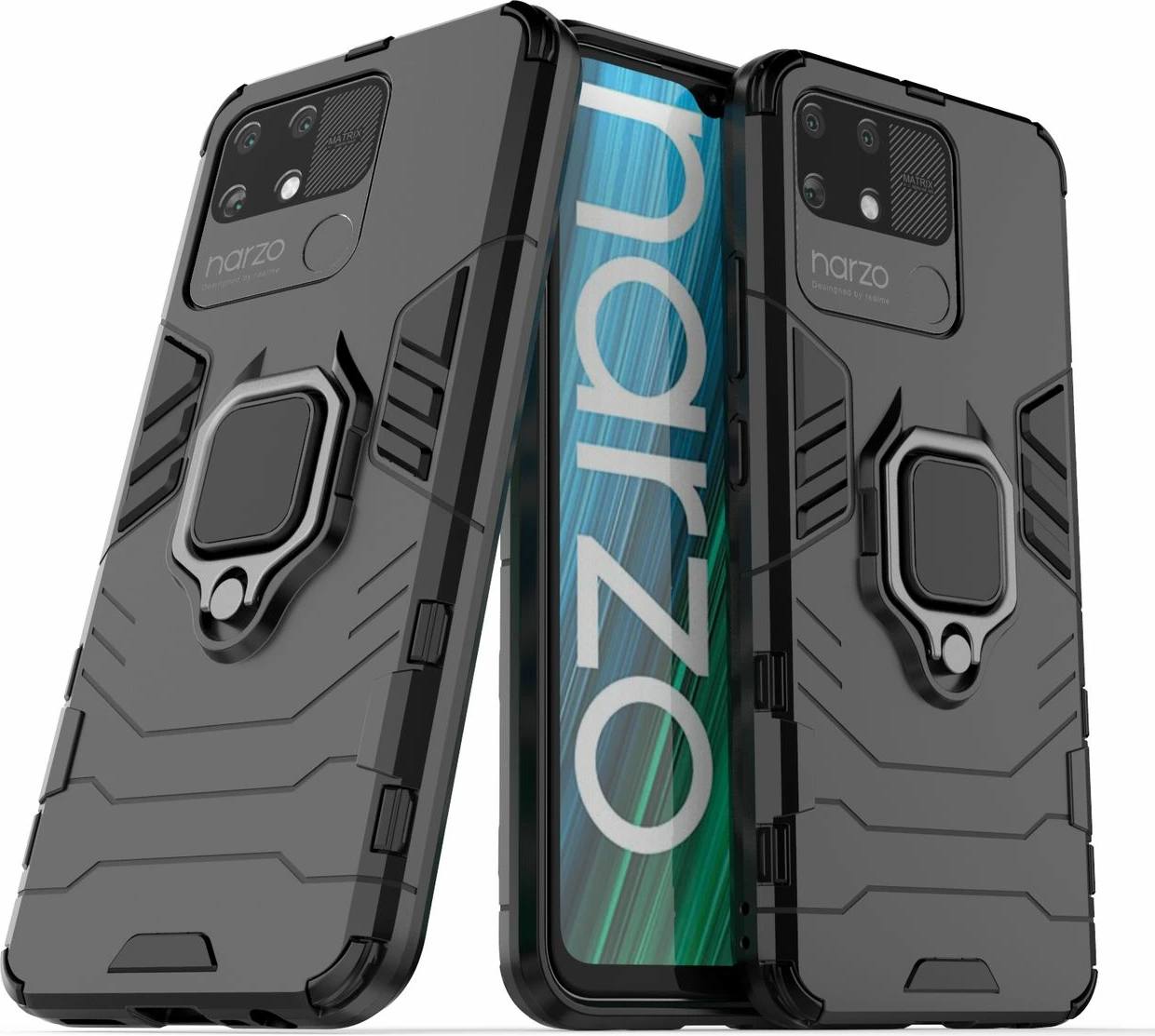 Mbështjellës Hurtel Ring Armor për Realme Narzo 50A, me dorezë magnetike, i zi