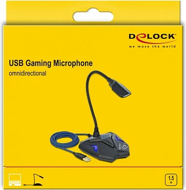 Mikrofon gaming desktop DeLOCK USB, gooseneck, mute, LED, 3.5 mm, zi/kaltër