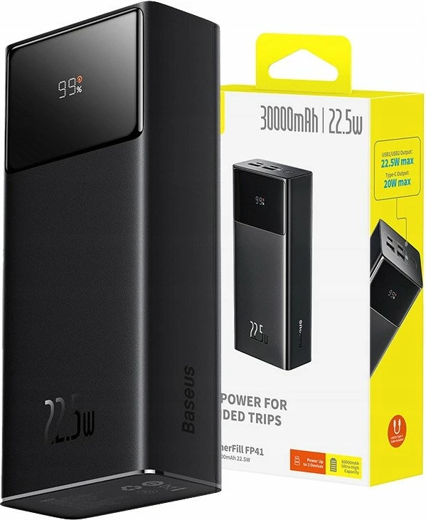 Powerbank Baseus EnerFill FP41 30000mAh 22.5W me display LED, 2x USB-A + USB-C, Black, set me kabllo USB-A në USB-C