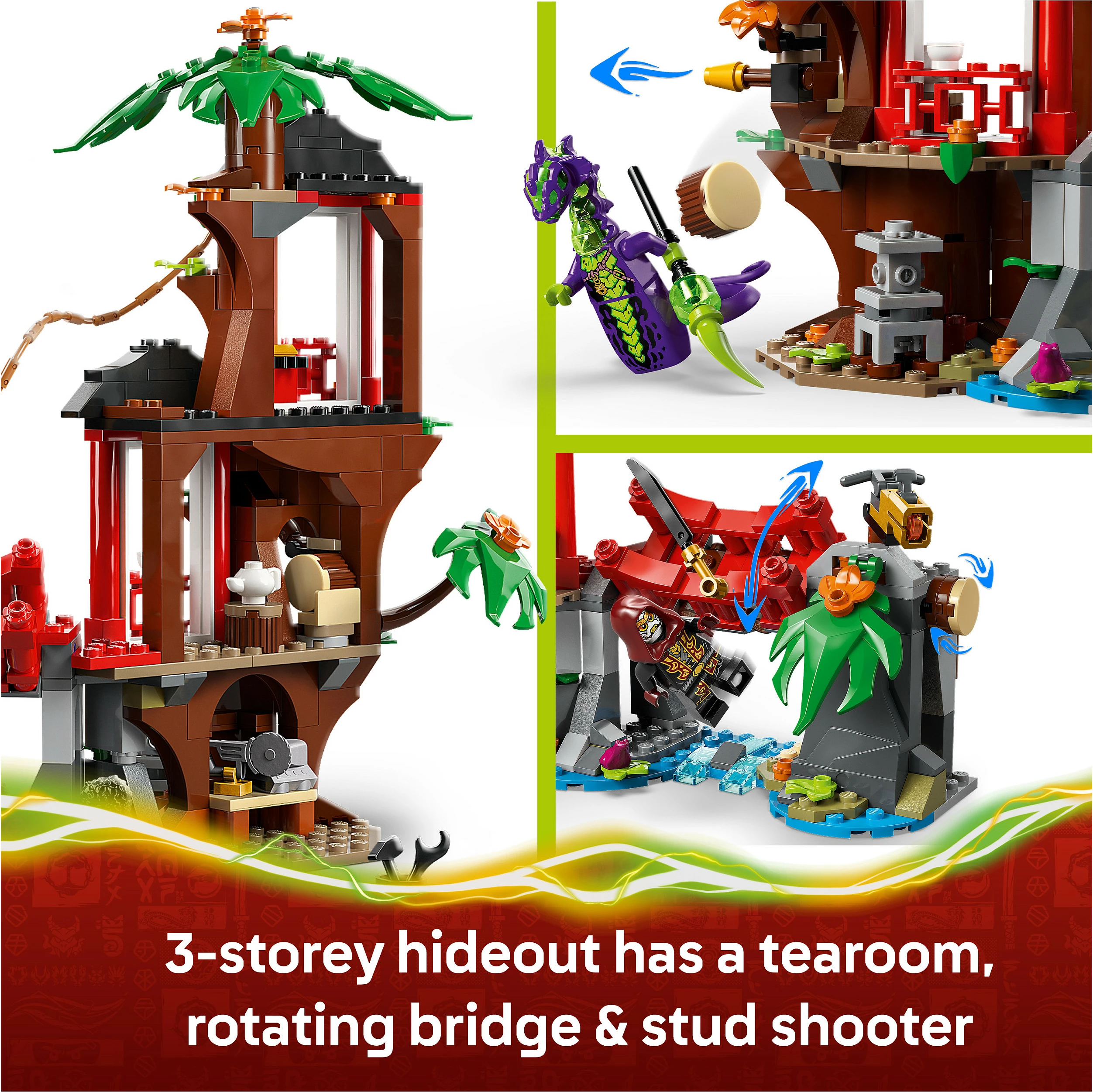 Set ndërtimi LEGO NINJAGO 71857 Ninja Vehicle Tree House Battle, 642 pjesë, 6 minifigura, multikolor