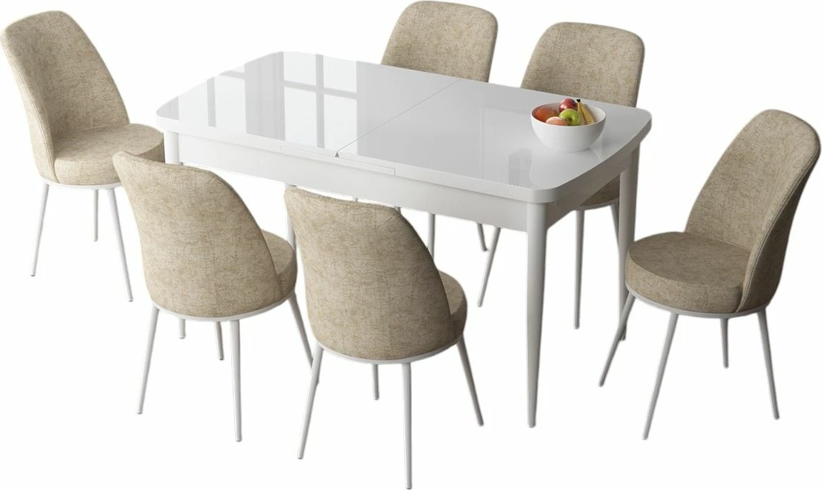 Set tavoline me karrige për ngrënie, zgjatës, ngjyrë e bardhë dhe krem, 7 copë, Skye Decor, Zen