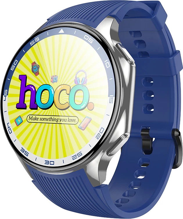 Smartwatch HOCO Y24, ekran AMOLED 1.43\", thirrje Bluetooth, 4GB+128MB, IP67, bateri 390mAh, argjendtë me rrip blu