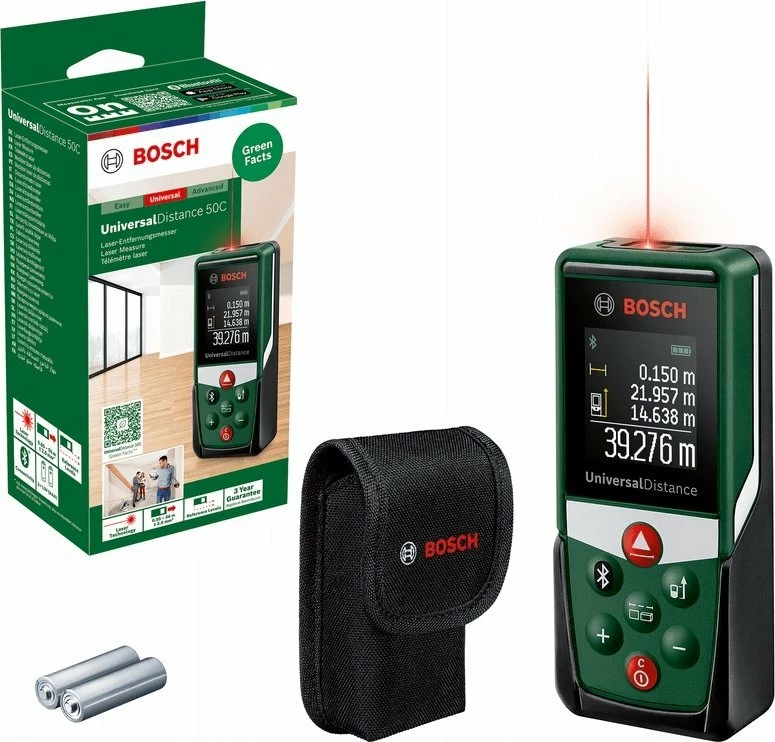 Matës distance me laser Bosch UniversalDistance 50C, 0.05–50 m, Bluetooth, jeshil/zi, me çantë + 2x AAA