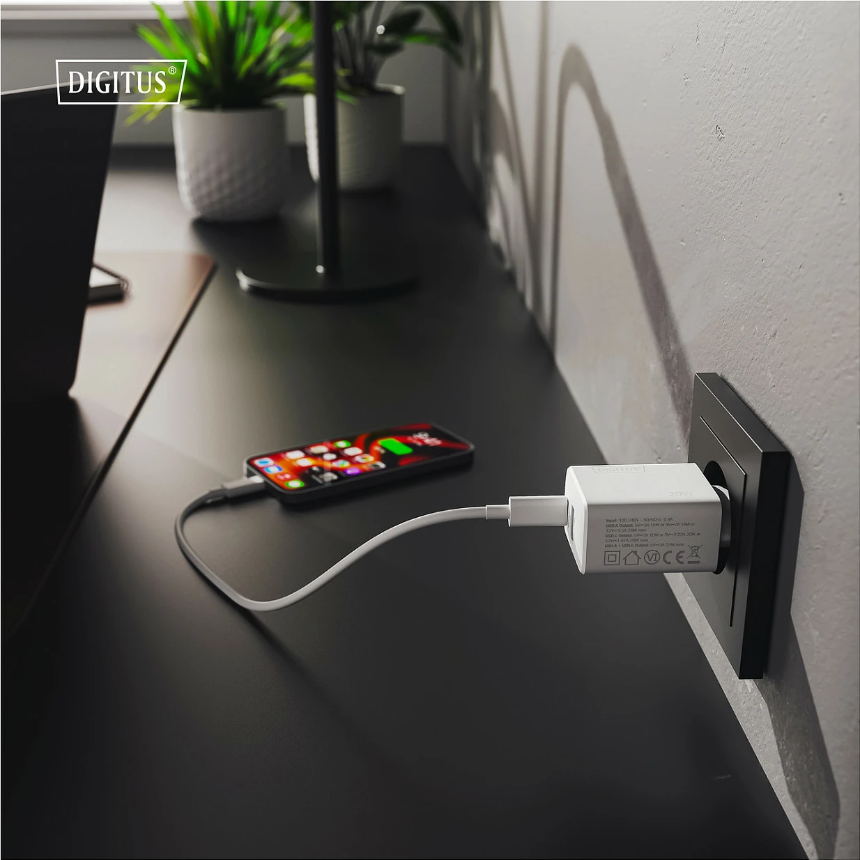 Karikues USB Digitus 20W, 1x USB-C, 1x USB-A, i bardhë