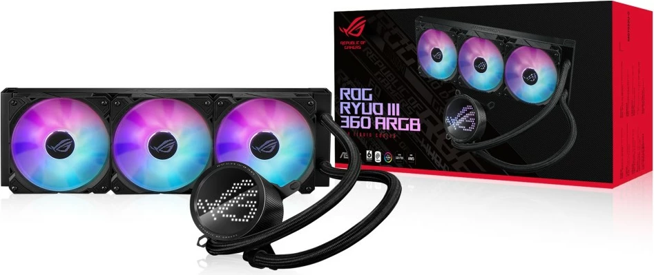 Ftohës me lëng ASUS ROG RYUO III 360 ARGB, 3 ventilatorë 120mm, LED shumëngjyrësh, i zi