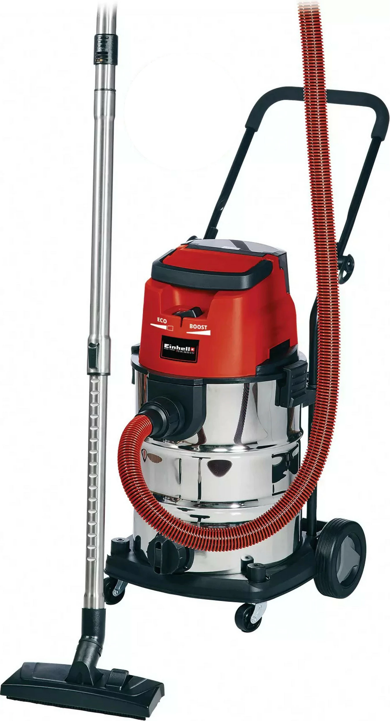 Fshesë me kova Einhell TE-VC 36/30 Li S-Solo, 30L, pa kabllo, pastrim i lagësht dhe i thatë, e zezë/e kuqe/e hirtë