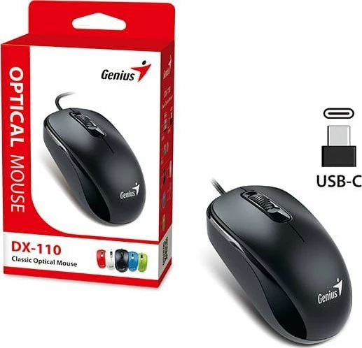 Maus me kabllo Genius DX-110, i zi, optik, 1200 DPI, USB-C