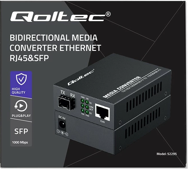 Konvertues media Qoltec 52295, 1x RJ45, 1x SFP, 1000Mb/s, i zi