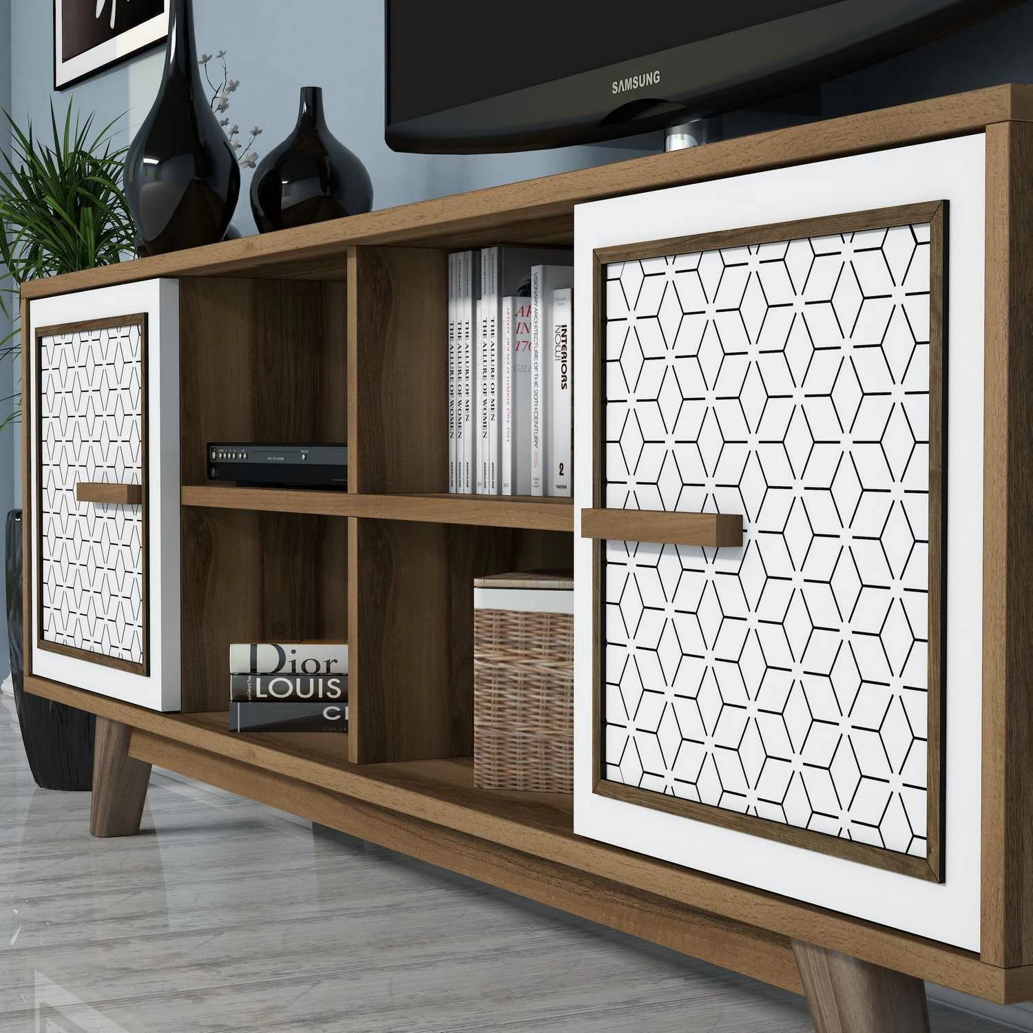 Set komodë TV Hanah Home, Ayla, ngjyrë arre dhe e bardhë
