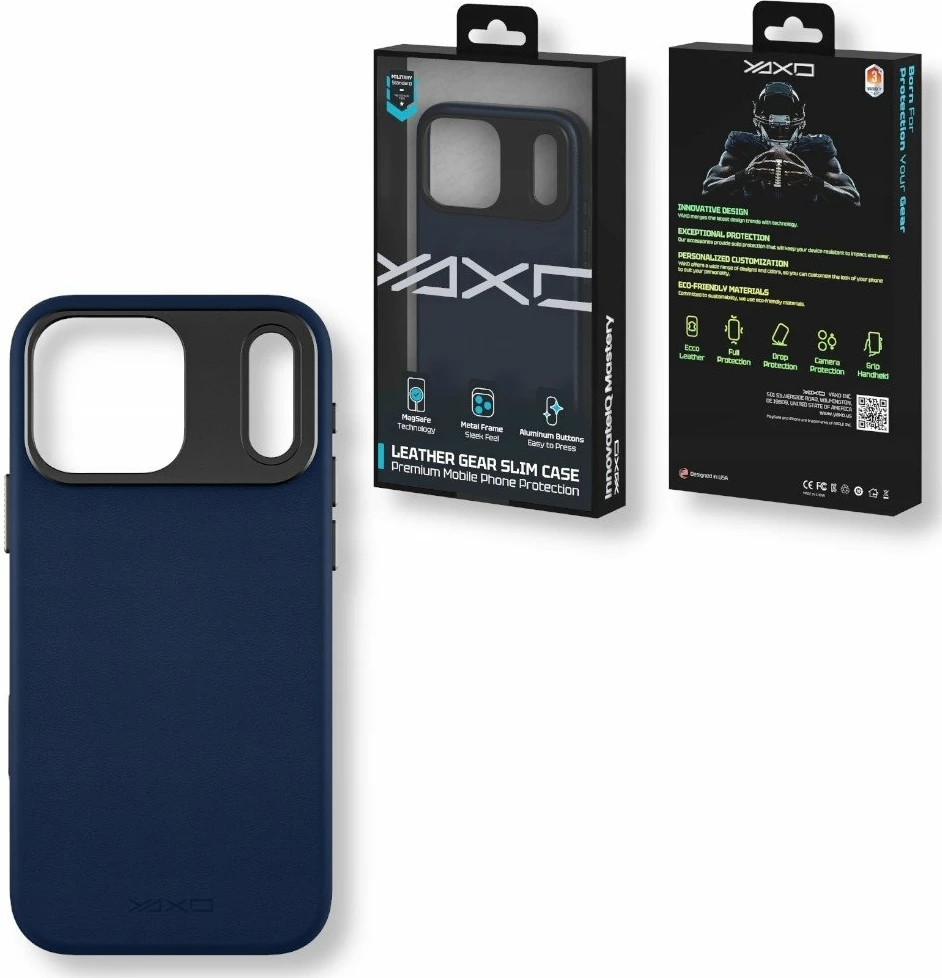 Mbështjellës Yaxo Leather Gear Slim MagSafe për iPhone 17 Pro Max, lëkurë ekologjike, Dusky Blue