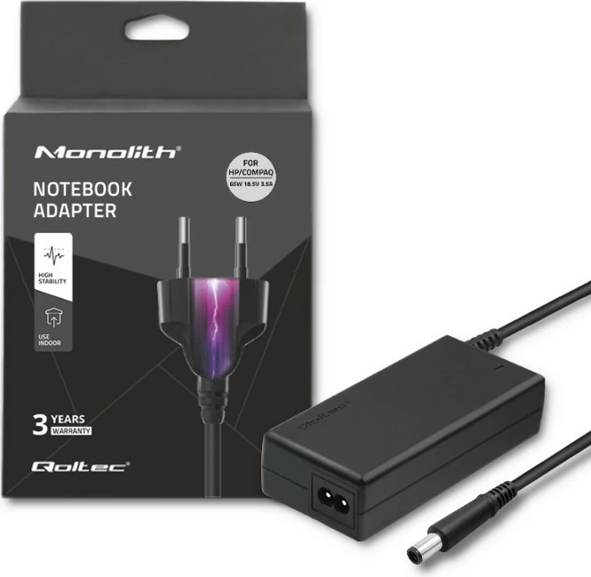 Adapter rryme për laptop Qoltec 50069.65W, 65W, 18.5V, 3.5A, për HP/Compaq, i zi