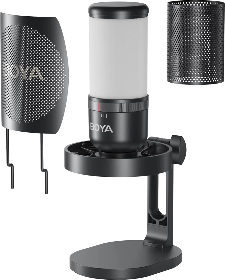 Mikrofon BOYA K3 me kabllo USB-C, 48 kHz/16-bit, superkardioid, RGB, me stativ tavoline & pop filter, i zi