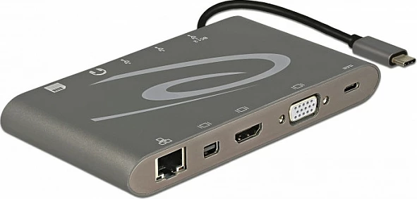 Docking station USB-C DeLOCK 87297, HDMI/miniDP/VGA, RJ-45, SD/microSD, USB-A/USB-C, gri