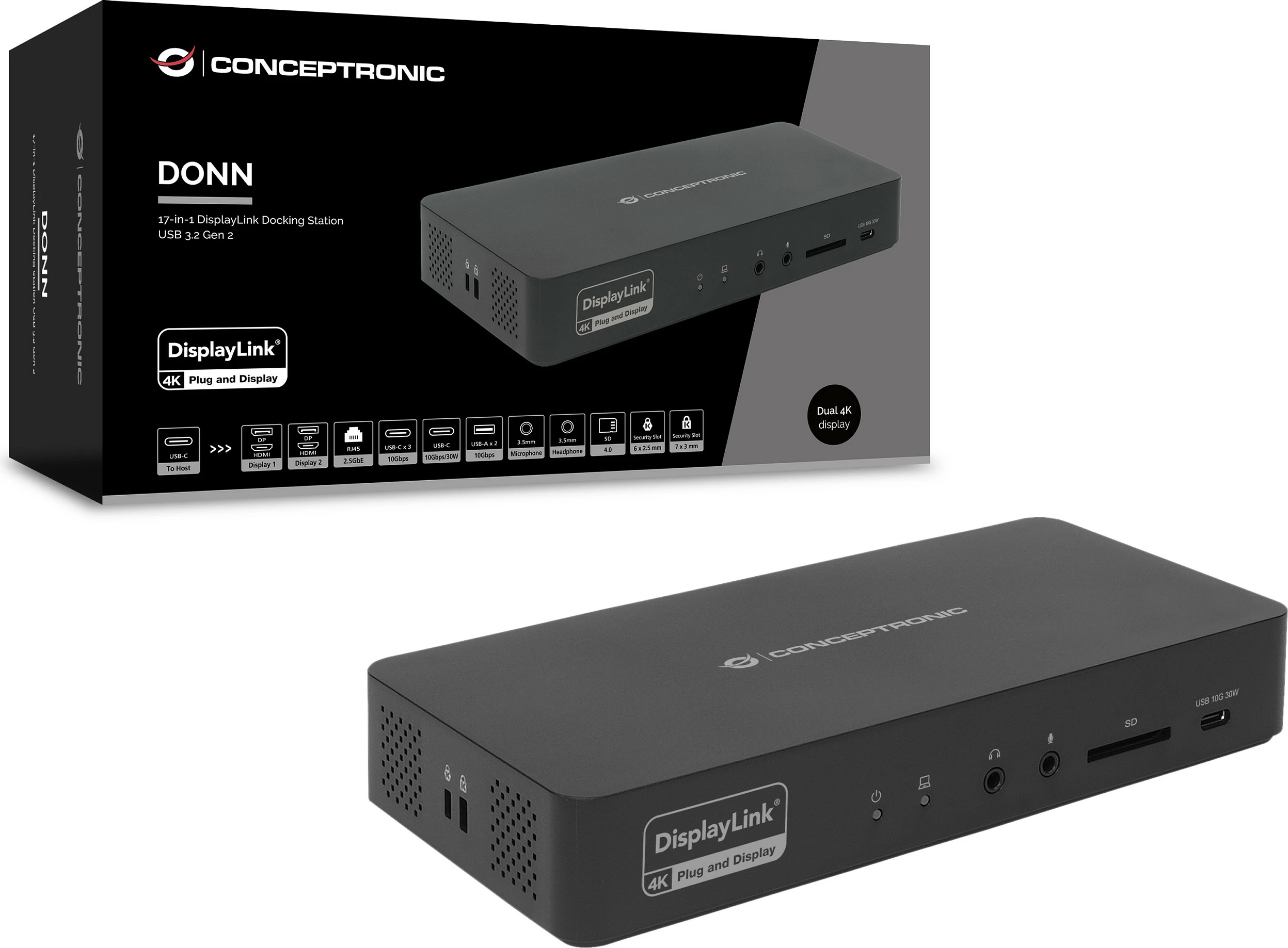 Docking stacion Conceptronic DONN31B, 17-në-1, USB-C 3.2 Gen 2, 100W PD, 4K@60Hz, Ethernet 2.5GbE, i zi