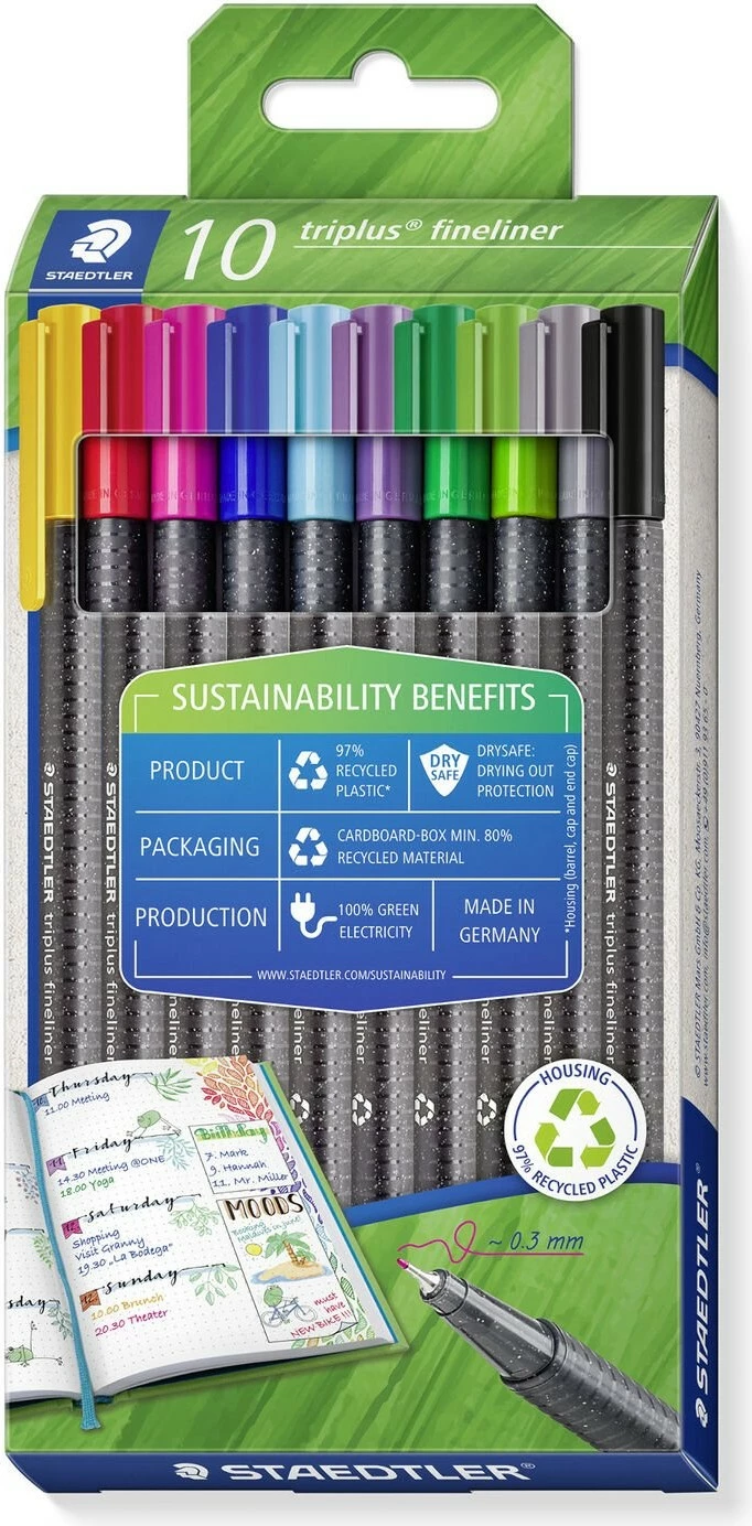 Set lapsa fineliner Staedtler 334 RC10, 10 ngjyra të përziera, trup trekëndësh, plastikë e ricikluar