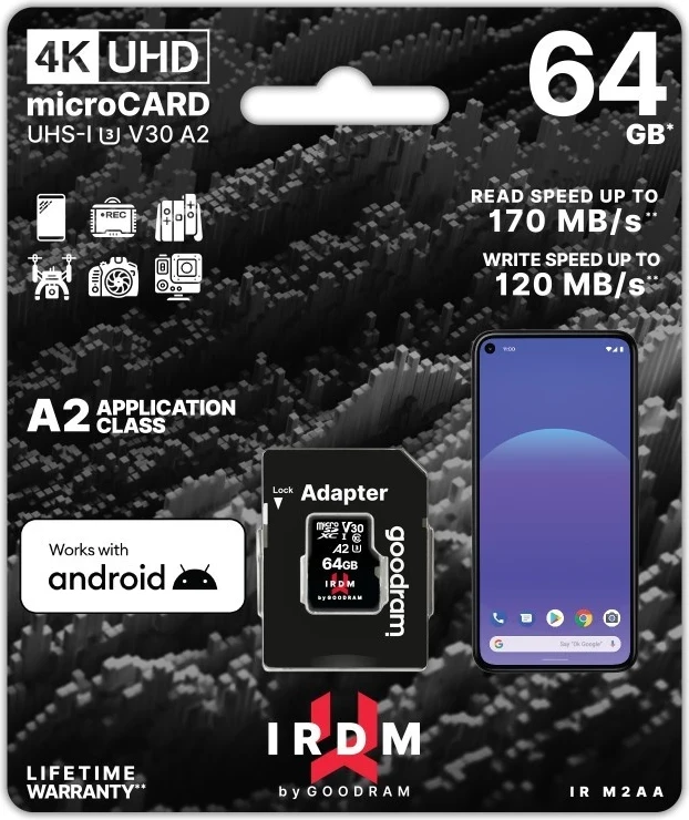 Kartë memorie GOODRAM micro SDXC, V30 A2, + përshtatës, 64GB 