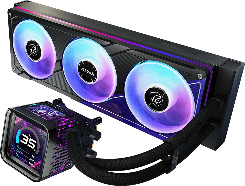 Ftohës i lëngshëm AIO ASRock Phantom Gaming 360 LCD, 3x120mm PWM, ekran IPS 3.4", i zi