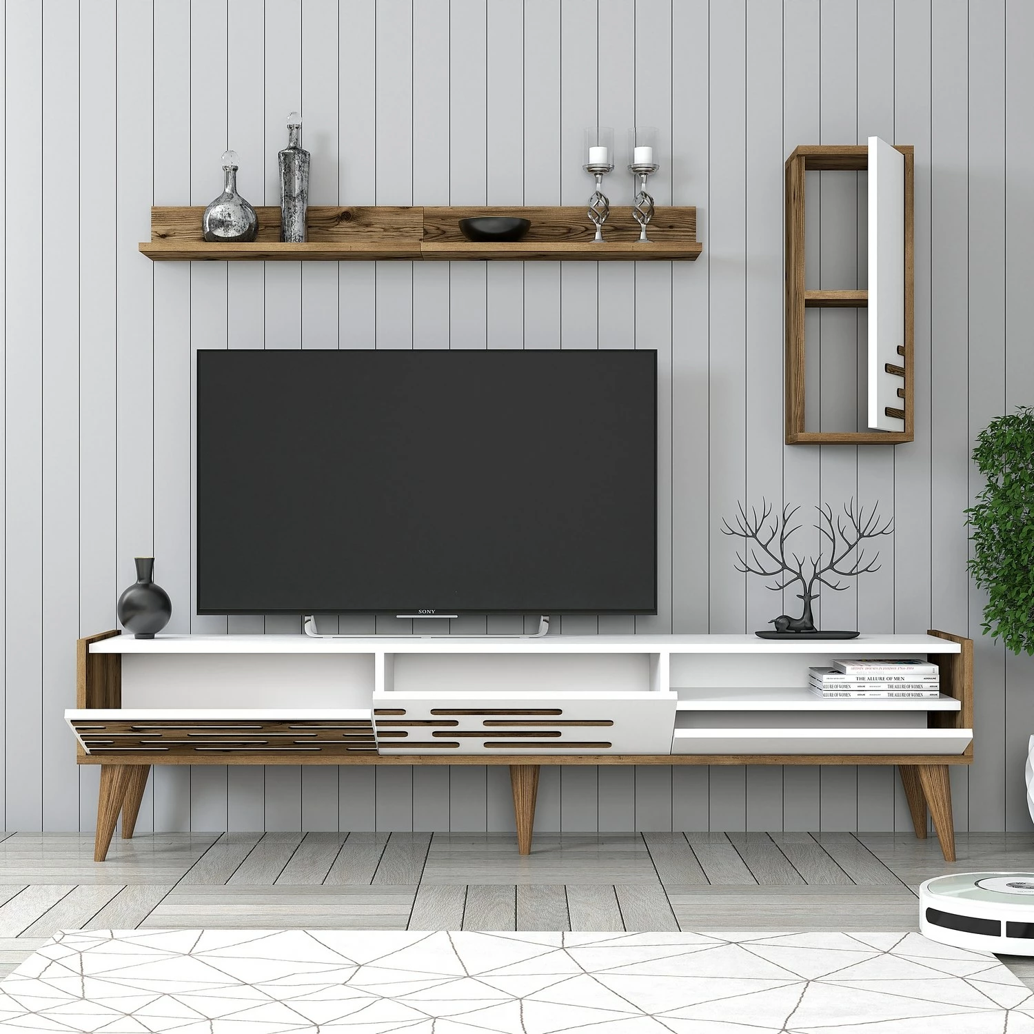 Komodë TV Hanah Home, Valensiya, ngjyrë arre dhe e bardhë