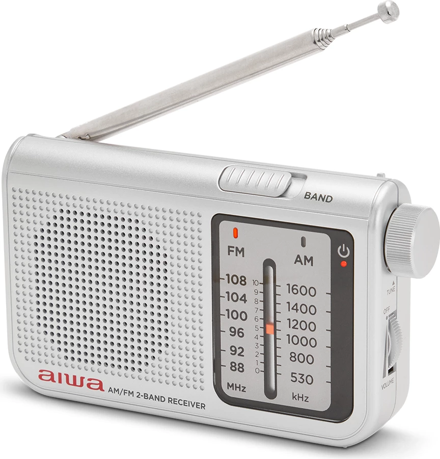 Radio xhepi Aiwa RS-55/SL FM/AM, antenë teleskopike 48 cm, jack 3.5mm, Silver, set me kufje + çantë + rrip + 2x AA bateri