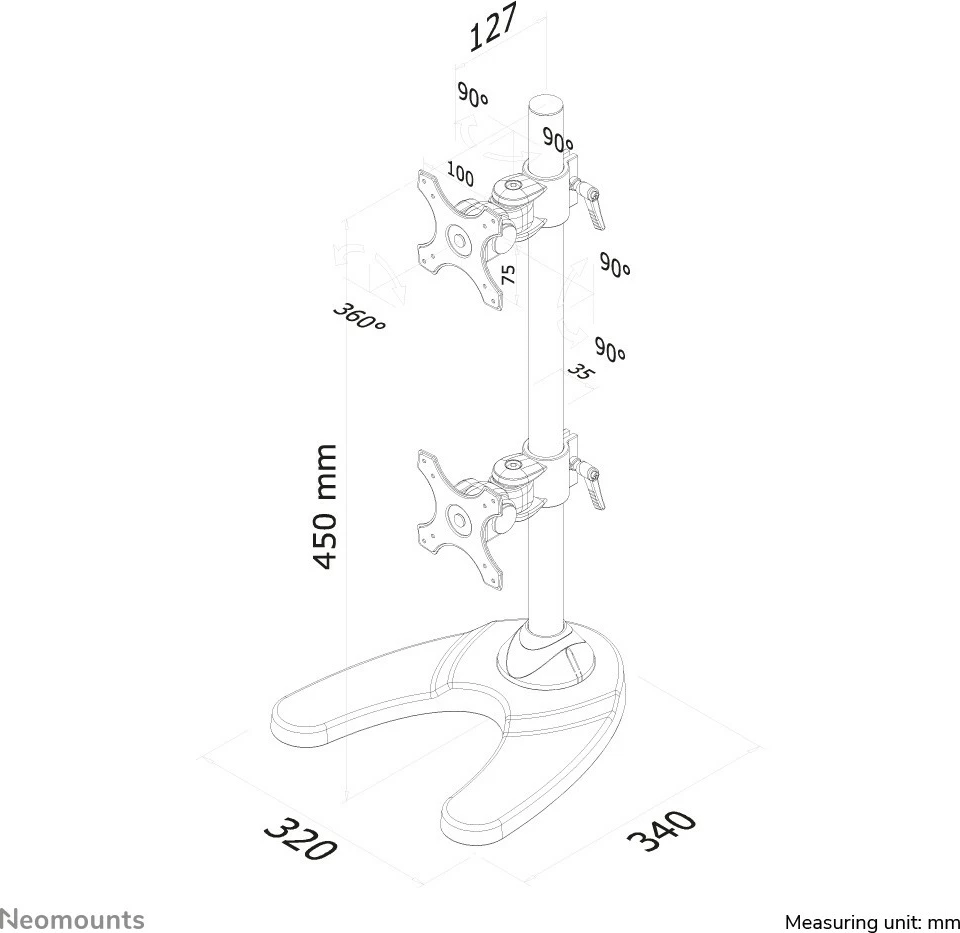 Mbajtës monitori Neomounts FPMA-D700DDV, për 2 ekrane, rregullim lartësie, VESA 100x100, i zi
