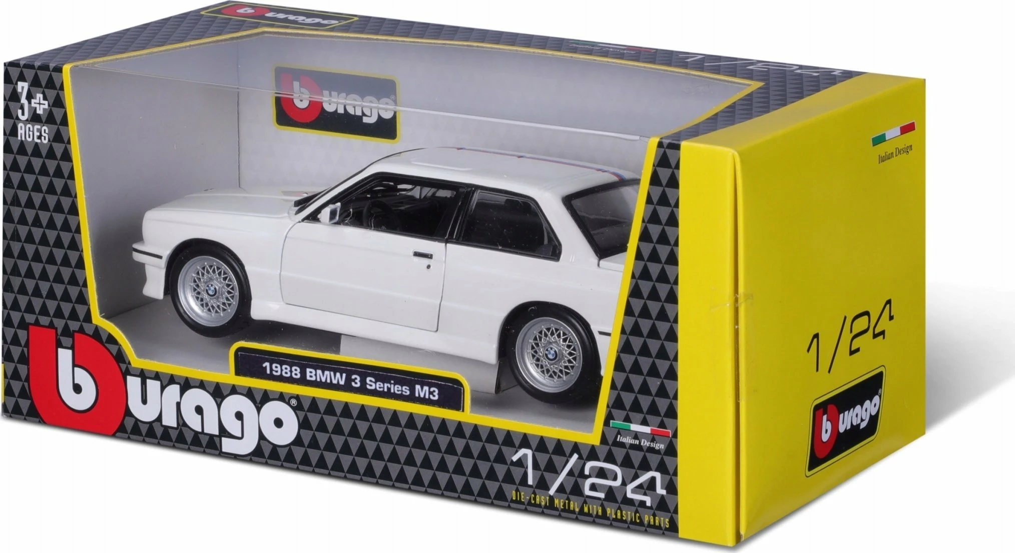 Model makine Bburago BMW 3 Series M3 1988 (E30) 1:24, metal, dyer të lëvizshme, 18.5 cm, e bardhë