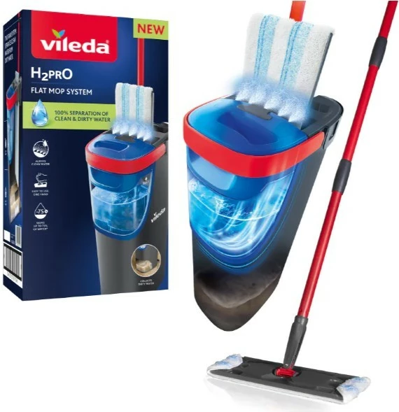 Mop i sheshtë, Vileda H2prO 175774, sistem ndarje uji, kokë 360°, dorezë 130 cm, e zezë/e kuqe
