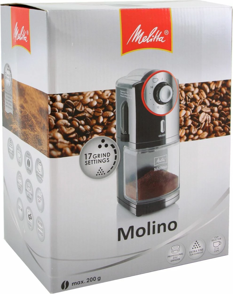 Mulli elektrik kafeje Melitta Molino 1019-01, 200 g, 17 nivele bluarjeje, 100 W, e zezë me detaje të kuqe