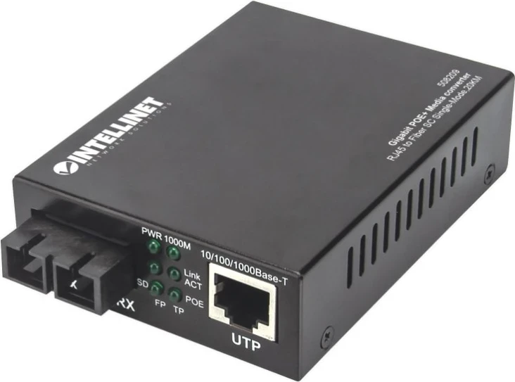 Konvertues Medial dhe Injektor PoE+ Intellinet 508209, 1000Base-T RJ45 / 1000Base-LX SC SM