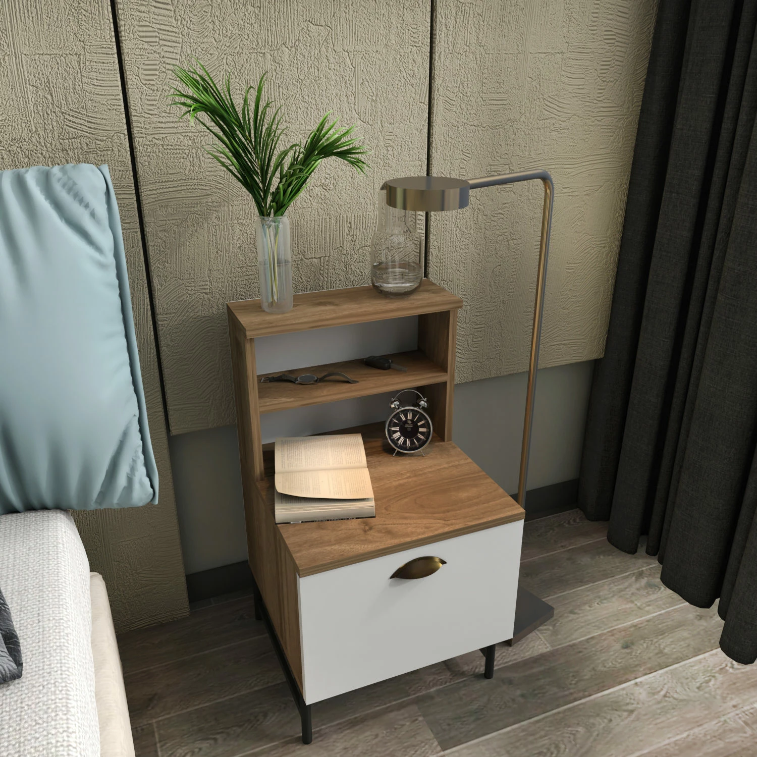 Komodinë nate Skye Decor, ngjyrë arre dhe e bardhë, Cressi