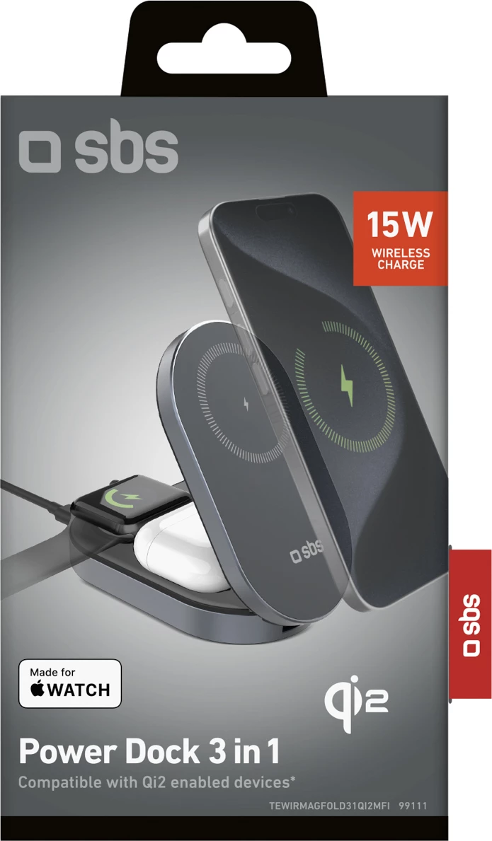 Karikues pa tel 3‑në‑1 palosës, SBS Power Dock 3 in 1, Qi2 & MFi, 15 W, USB‑C, i zi