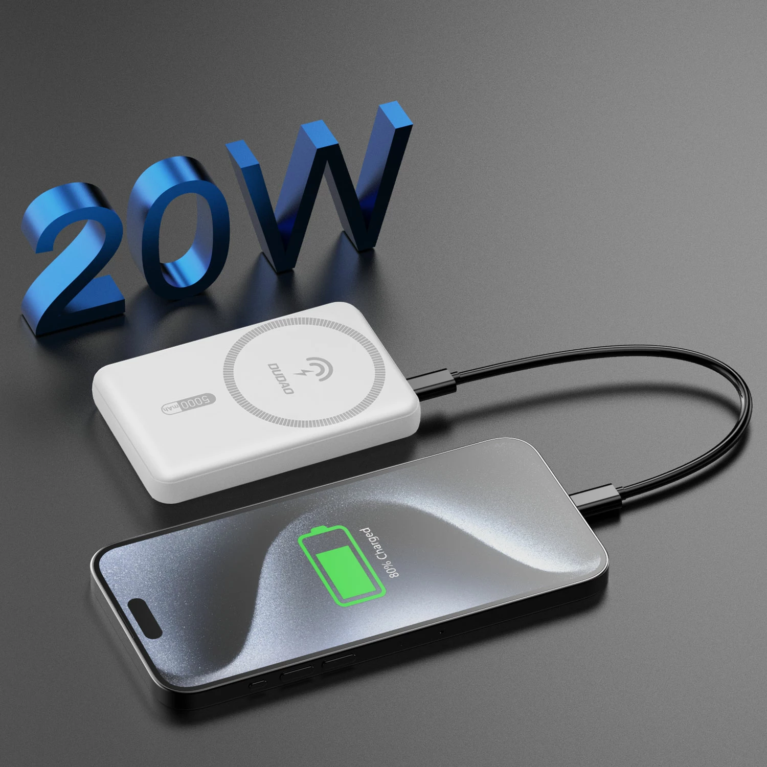 Powerbank Dudao K14S, 5000mAh, MagSafe, USB-C/USB-A, e bardhë