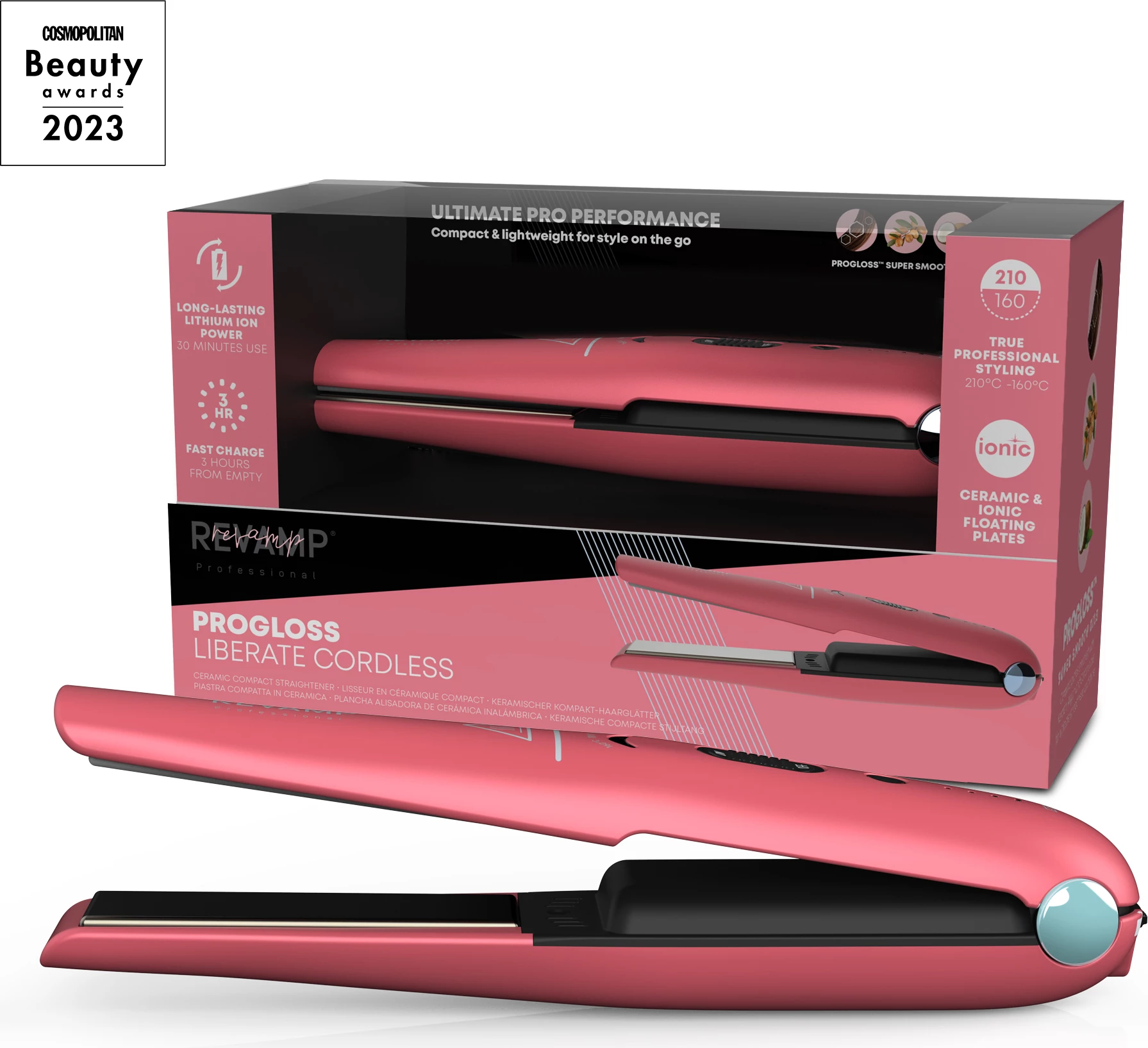Hekur për flokë Revamp Progloss Liberate ST-1700, cordless, pllaka qeramike jonike, 160-210°C, me çantë udhëtimi, rozë