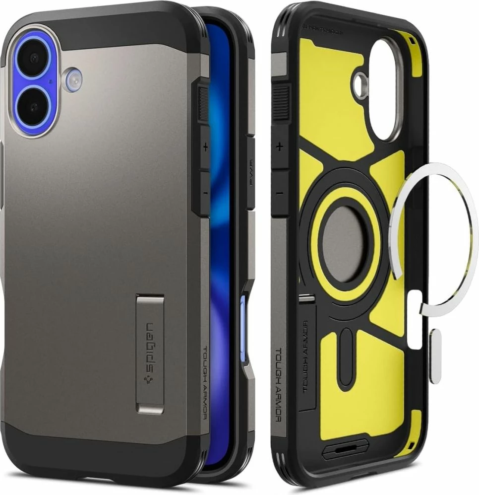 Mbështjellës Spigen Tough Armor Mag për iPhone 16, MagSafe, qëndrim i integruar, rezistencë MIL-STD, gunmetal