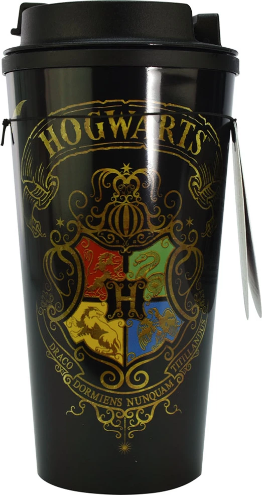 Mug udhëtimi termik BLUE SKY Harry Potter Hogwarts Crest 450 ml, me kapak me vidë, dyfish mur, e zezë